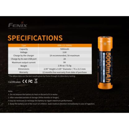 Batería FENIX 21700 de 5000 mAh Usb